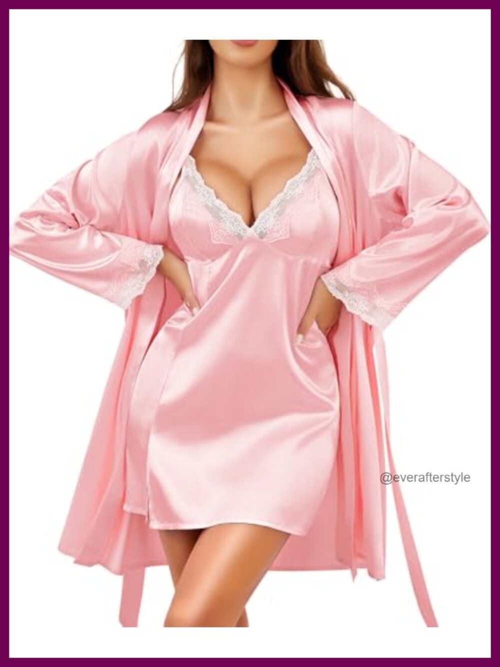 Satin Sleepwear Set 2 Piece Lace Cami Nightgown & Long Sleeve Robe